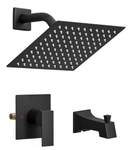 BWE Single-Handle 2-Spray Rainfall Square Shower Faucet 2.5 GPM with High Pressure Tub Spout in Matte Black 