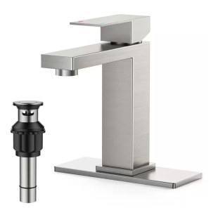 Single Handle Single Hole Mic Arc Bathroom Faucet with Deck Plate, Pop-up Drain and PEX Supply Line in Brushed Nickel