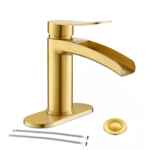 Phiestina Single Handle Waterfall Faucet for Bathroom Sink in Brushed Gold Finish