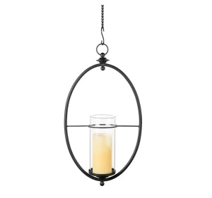 DANYA B Oval Black Wrought Iron and Glass Hanging Hurricane Candle Sconce for Wall or Ceiling