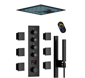 CRANACH Thermostatic 15-Spray 16 in. Ceiling Mount Square LED Mood Lighting Shower System with Valve in Matte Black