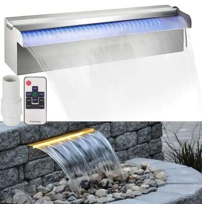 VEVOR 11.8 x 4.5 x 3.1 in. Pond Waterfall Spillway with LED Strip, Pipe Connector for Pool