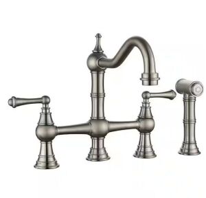 BWE Double Handles Bridge Kitchen Faucet With Side Sprayer in Brushed Nickel