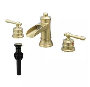 FLG 8 in. Widespread Double Handle Bathroom Faucet with Drain Kit 3 Holes Brass Waterfall Bathroom Sink Taps in Brushed Gold