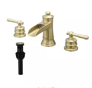 FLG 8 in. Widespread Double Handle Bathroom Faucet with Drain Kit 3 Holes Brass Waterfall Bathroom Sink Taps in Brushed Gold