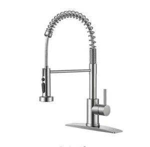 Single-Handle Pull Down Sprayer Coil Spring Gooseneck Kitchen Faucet with Deckplate Stainless Steel in Brushed Nickel