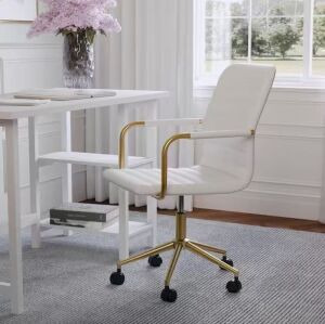 MARTHA STEWART Taytum Faux Leather Adjustable Height with Wheels Office Chair in White Faux Leather/Polished Brass with Arms