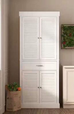 FUFU&GAGA White Paint Wood Storage Cabinet With 4-Shutter Doors, Drawers and Adjustable Shelves