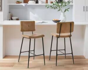 StyleWell 29 in. Blackburn Mid-Century Modern Cognac Faux Leather Bar Stool with Black Metal Frame, Set of 2