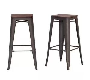 StyleWell Finwick Matte Gunmetal Gray Backless Bar Stool with Dark Wood Seat, Set of 2