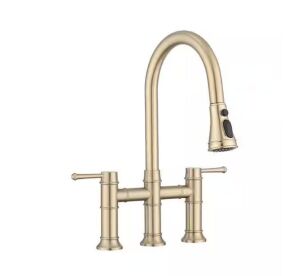 Double Handle Bridge Kitchen Faucet with Pull-Down Spray Head, Deck Mount 3 Holes in Brushed Gold