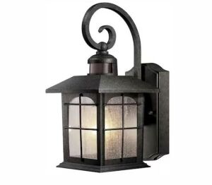 Home Decorators Collection Brimfield Motion-Sensing 14.2 in. Aged Iron 1-Light Line Voltage Outdoor Wall Light Sconce 