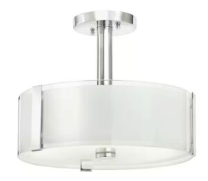 Hampton Bay Bourland 14 in. 3-Light Polished Chrome Semi-Flush Mount Ceiling Light Fixture with White and Clear Glass Double Shade