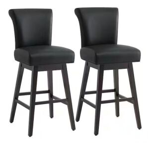 Spruce & Spring Dennis 30 in. Black High Back Solid Wood Frame Swivel Bar Stool with Faux Leather Seat, Set of 2