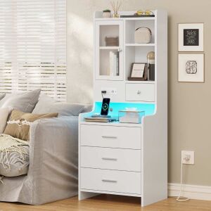 LED Tall Nightstand With Charging Station, Drawers, Shelves, Glass Door Storage