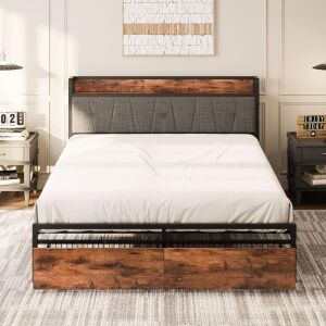  LIKIMIO Queen Bed Frame, Storage Headboard with Charging Station, Drawers