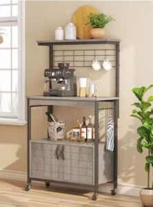 Bestier Wash Grey 31.5 in. W 3-Tier Metal and Wood Baker's Rack with Storage Cabinet and Adjustable Feet