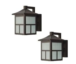 Hampton Bay 8 in. Black Integrated LED Hardwired Outdoor Wall Light Lantern Sconce Fixture with Frosted Textured Glass, 2-Pack