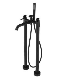 BWE 3-Handle Freestanding Floor Mount Roman Industrial Style Tub Faucet Bathtub Filler With Hand Shower In Matte Black