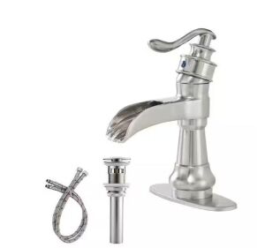 BWE Waterfall Single Hole Single-Handle Low-Arc Bathroom Faucet With Pop-up Drain Assembly in Brushed Nickel