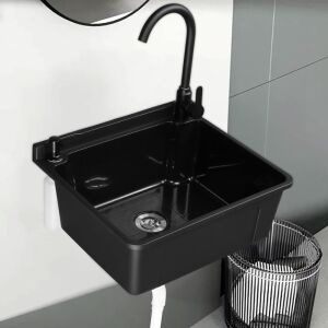 ROVSUN Plastic Wall-Mounted Utility Sink with Wall Bracket Black