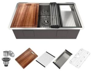 Boyel Living 32 in. Undermount Single Bowl 18-Gauge Stainless Steel Kitchen Sink with Cutting Board, Rolling Drying Rack and Colander