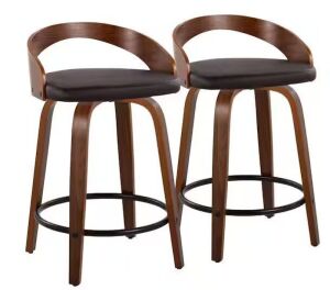 Lumisource Grotto 21 in. Faux Leather, Walnut Wood and Black Metal Fixed-Height Counter Stool, Set of 2