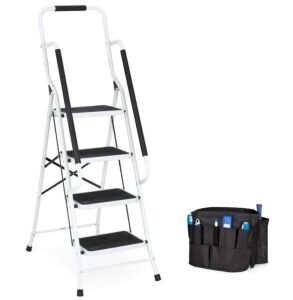 4-Step Portable Folding Ladder w/ Handrails, Attachable Tool Bag