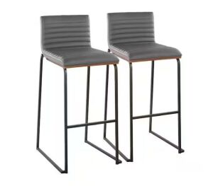 Lumisource Mason Mara 30.75 in. Grey Faux Leather and Black Metal High Back Bar Stool with Walnut Wood Seat Back, Set of 2 