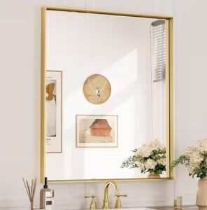  Keonjinn 30 in. W x 36 in. H Rectangular Framed Aluminum Square Corner Wall Mount Mirror in Brushed Brass