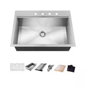 Glacier Bay Zero Radius 27 in. Drop-In Single Bowl 18 Gauge Stainless Steel Kitchen Sink with Accessories