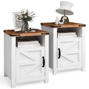 Farmhouse End Table with Barn Door, Charging Station, Set of 2 