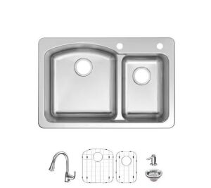 Glacier Bay Bratten 33 in. Drop-In 60/40 Double Bowl 18 Gauge Stainless Steel Kitchen Sink with Pull-Down Faucet