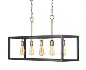  Hampton Bay Boswell Quarter 34 in. 5-Light Gold Coastal Farmhouse Linear Island Chandelier with Black Distressed Wood Accents