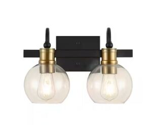 JONATHAN Y Marais 14.5 in. 2-Light Black/Brass Gold Iron/Glass Rustic Vintage LED Vanity Light