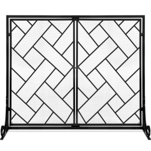 2-Panel Wrought Iron Geometric Fireplace Screen w/ Magnetic Doors - 44x33in