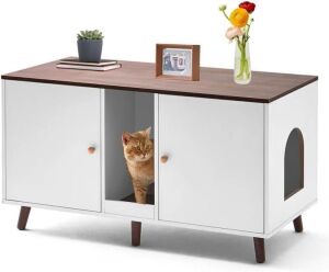  42.5" Double Cat Litter Box Cabinet Furniture with Scratching Pad, White 