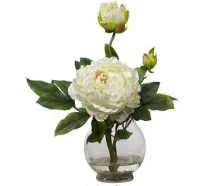 Nearly Natural 13.5 in. Artificial H White Peony with Fluted Vase Silk Flower Arrangement