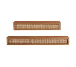 StyleWell Natural Wood Floating Wall Shelves with Rattan Caning Detail, Set of 2