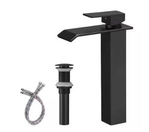 BWE Waterfall Single Hole Single Handle Bathroom Vessel Sink Faucet With Pop-up Drain Assembly in Matte Black