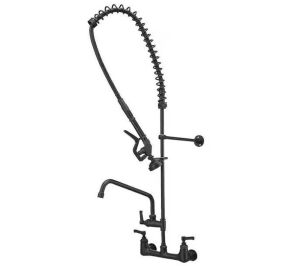 BWE Commercial Restaurant Wall Mount Double Handle Pull Down Sprayer Kitchen Faucet Pre-Rinse Utility in Matte Black