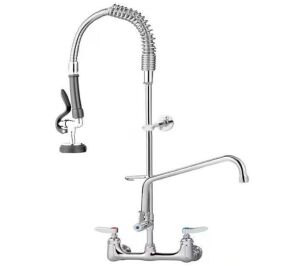 Commercial Wall Mount Triple Handle Pull Down Sprayer Kitchen Faucet with Pre-Rinse Sprayer Stainless Steel in Silver