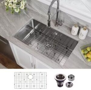 HOROW 32 in. 16-Gauge Undermount Single Bowl Stainless Steel Kitchen Sink with Bottom Grid, Basket Strainer, Cutout Template