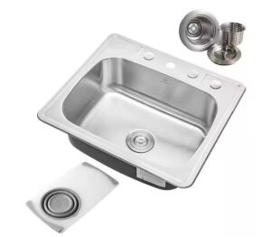 Topmount Drop-In 18G Stainless Steel 25 in. x 22 in. 4-Faucet Hole Single Bowl Kitchen Sink with Colander and Strainer