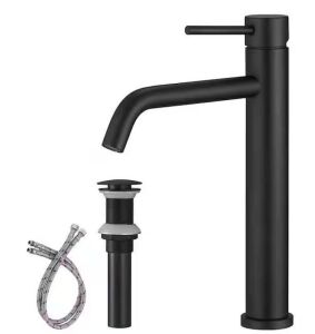 BWE Single Hole Single Handle Bathroom Vessel Sink Faucet With Pop Up Drain Without Overflow in Matte Black