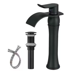 BWE Waterfall Single Hole Single-Handle Vessel Bathroom Faucet With Pop-up Drain Assembly in Matte Black