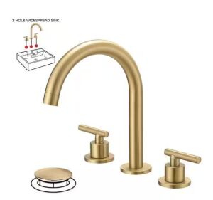 BWE 8 in. Widespread Double Handle High-Arc Bathroom Faucet Water-Saving With Drain Kit In Brushed Gold