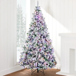 Pre-Lit Snow Flocked Artificial Pine Christmas Tree w/ Multicolored Lights 4.5ft