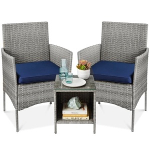 3-Piece Outdoor Patio Wicker Bistro Set w/ Side Storage Table