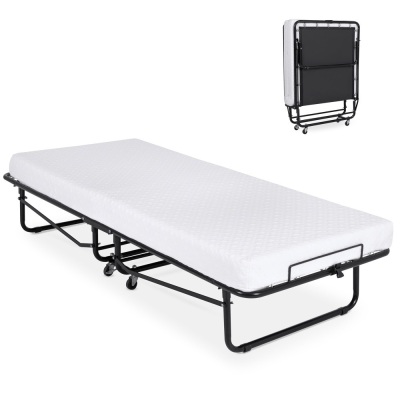 Twin Folding Rollaway Cot-Sized Mattress Guest Bed w/ 3in Memory Foam, Locking Wheels. Appears New